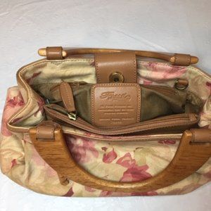 Vintage Fossil Floral Roses Canvas Double Wooden Handle Handbag 11.5"x6.5"